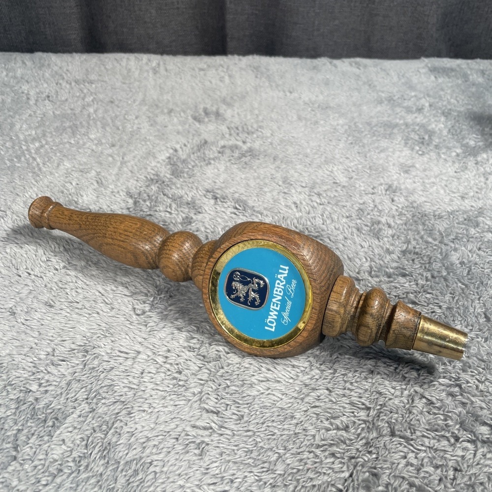 Vintage Lowenbrau Special Beer Wood Tap Handle 12" Blue Bar Art Mancave Antique